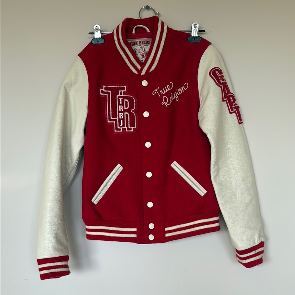 True Religion Red and White Varsity Jacket
